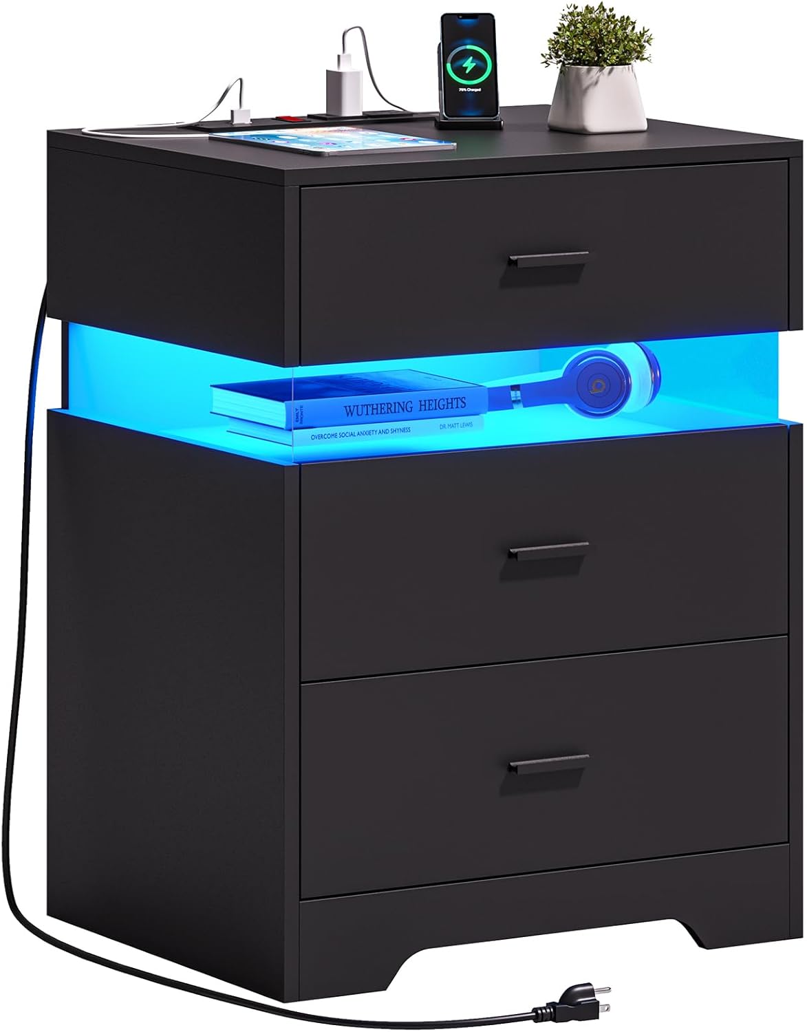 Hasuit Black Night Stand with 3 Drawers, Modern Nightstand with LED Lights and Charging Station, Bedside Tables/End Table for Bedroom