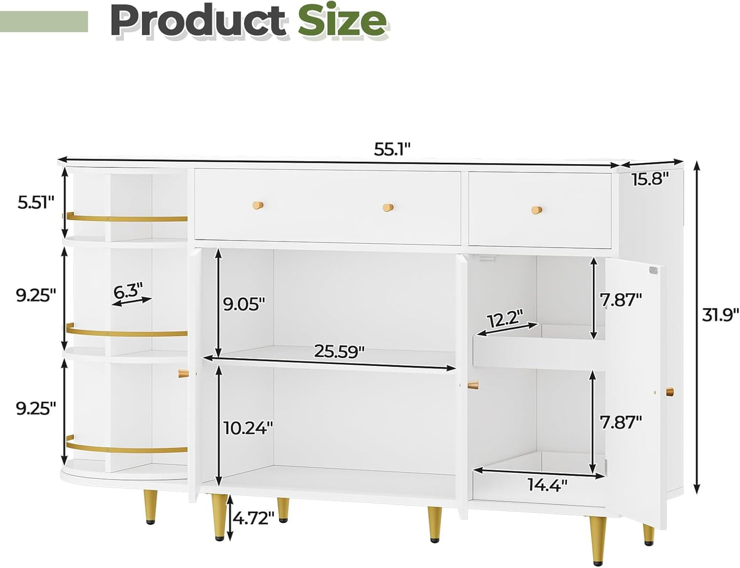 DICTAC White Buffet Cabinet with Storage and Power Outlets, 55" Large Modern Kitchen Sideboard Buffet with Drawers, Cabinet, Rotating Organizer, Trays, Wood Coffee Bar tation for Kitchen