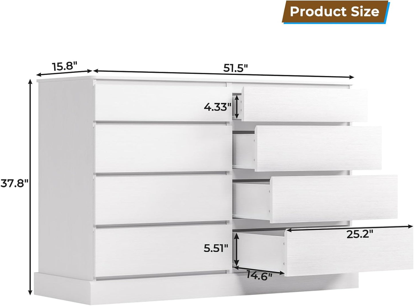 Hasuit White Dresser for Bedroom, Long Dresser with 8 Drawers, 51.5''W Wooden Dresser Chest of 8 Drawers, Large Capacity Clothing Storage Cabinet, Wide Dresser for Bedroom Living Room Entryway