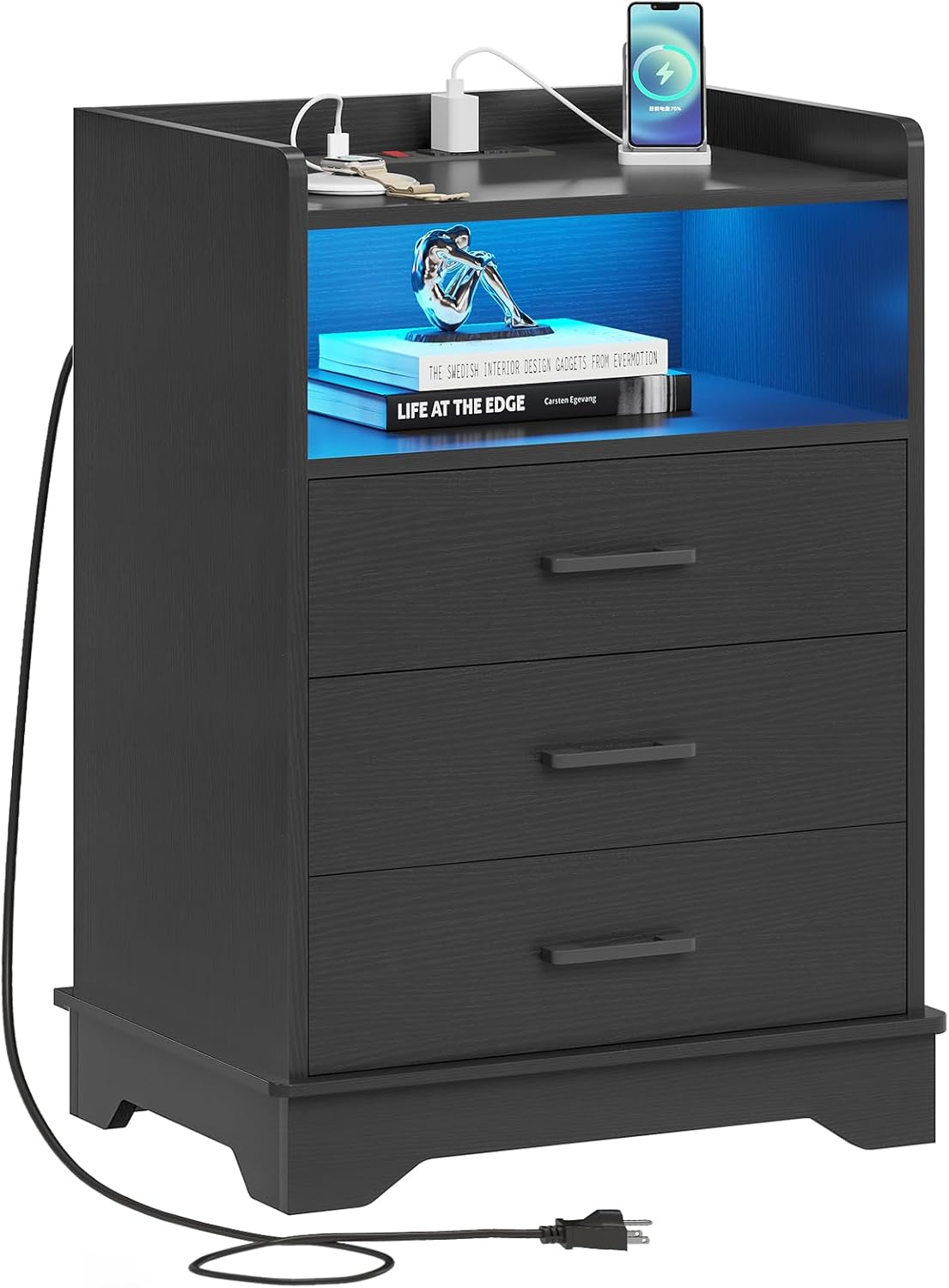 Hasuit Nightstand with Charging Station and LED Lights, Modern End Table with 3 Drawers and Open Storage, Large Bedside Table with Sturdy Base, Black Night Stand for Bedroom