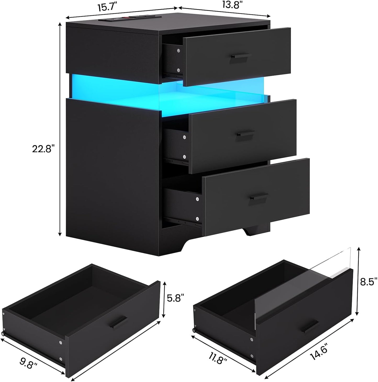 Hasuit Black Night Stand with 3 Drawers, Modern Nightstand with LED Lights and Charging Station, Bedside Tables/End Table for Bedroom