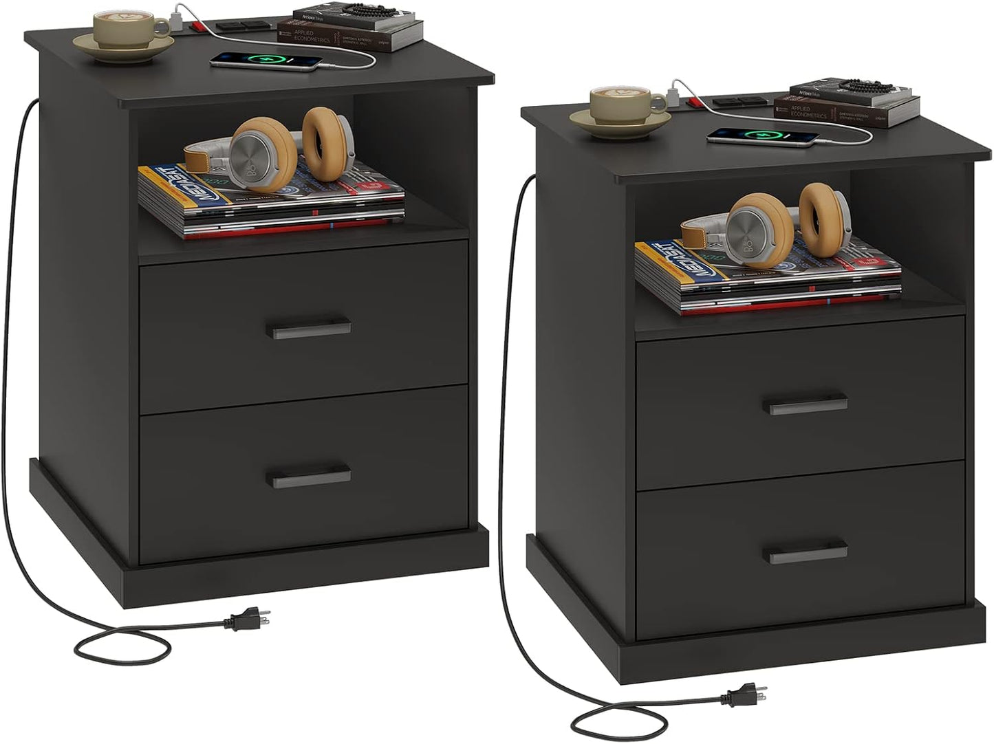 Hasuit Night Stand Set of 2 with Charging Station, Large Nightstands with Storage Drawers and Open Cubby, Black Bedside Side End Table for Home Office, Wider Tabletop 19.0'' x 15.0''