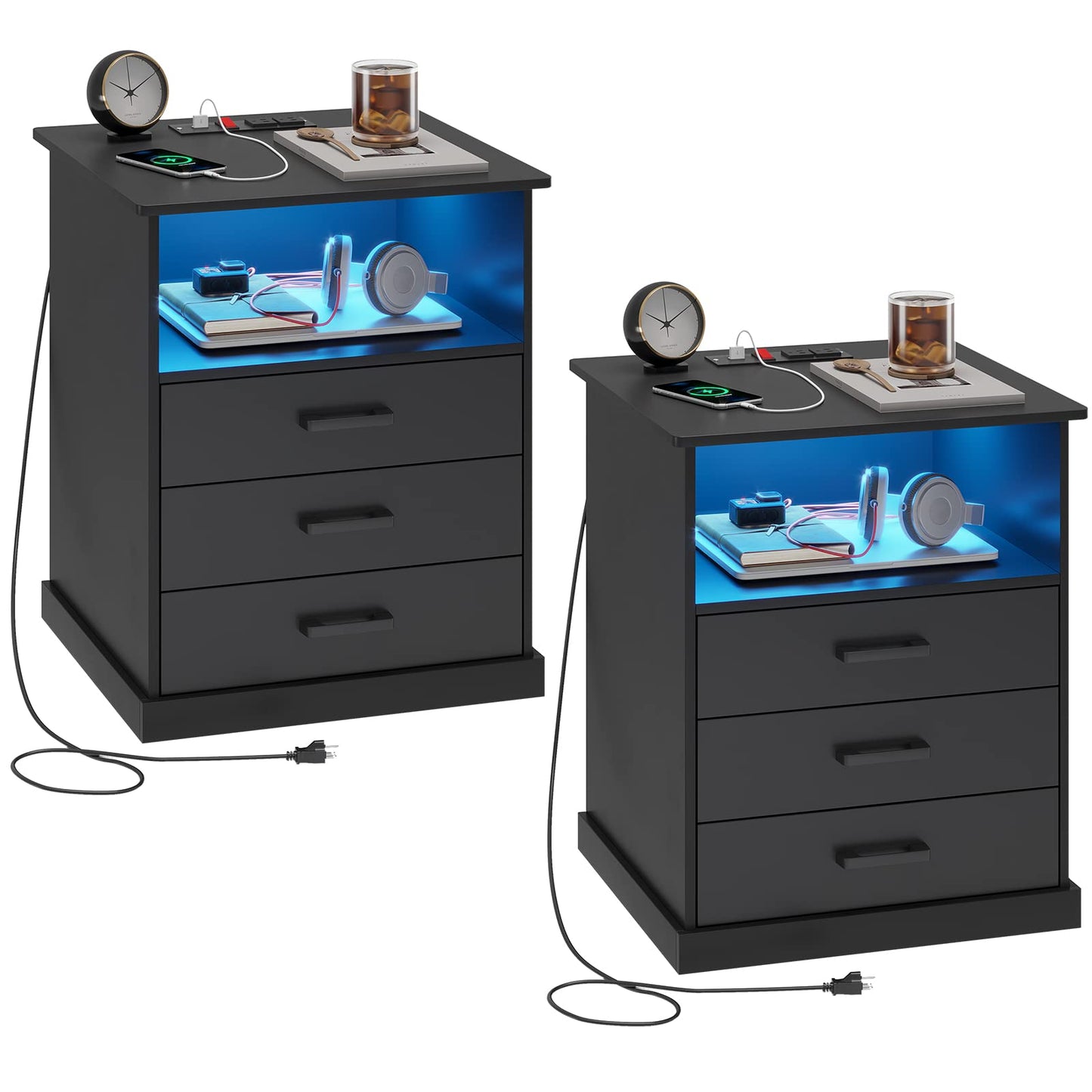 Hasuit Nightstand with Charging Station and LED Lights, Large Bedside Table with 3 Storage Drawer, Black Night Stand for Bedroom, Wider Tabletop 19.0''(L) x 15.0''(W)
