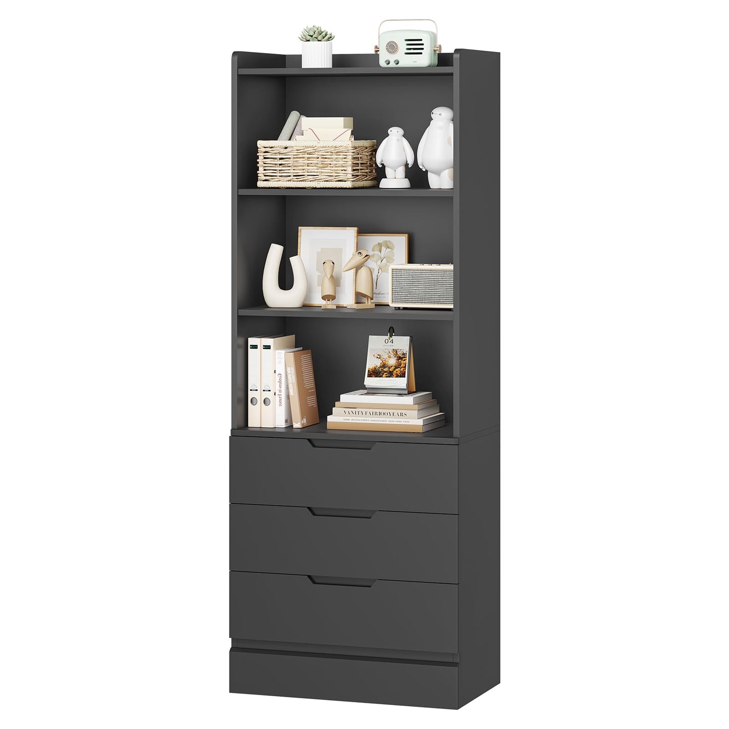 DICTAC Bookcase with Drawers and Doors 73.23'' Tall Bookshelf with Open Shelves Black Freestanding Kitchen Pantry with Microwave Stand Storage Cabinet Organizer for Living Room,Study,Bathroom,Office