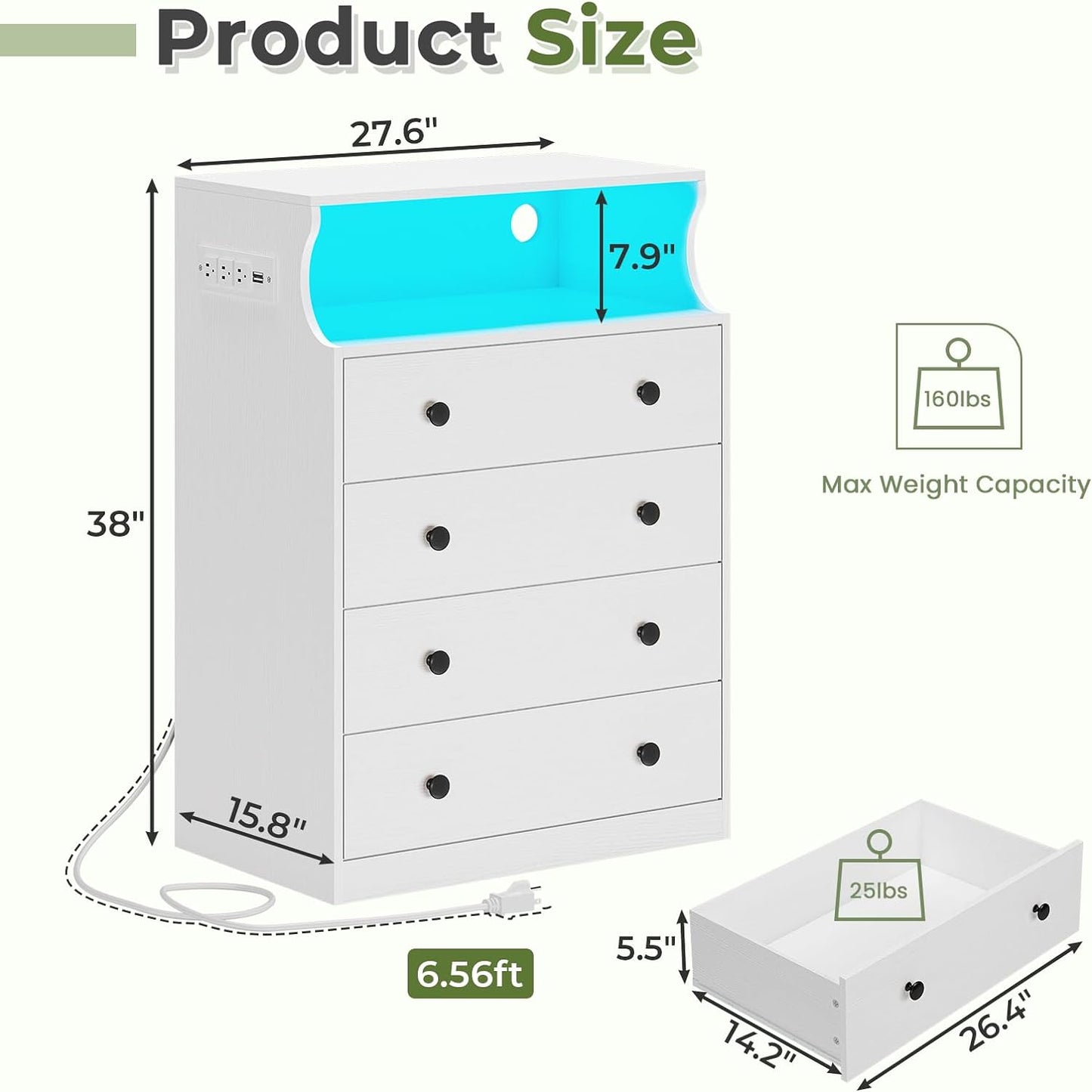 Hasuit White Dresser with Charging Station, LED Dresser with 4 Large Drawers, Chest of Drawers with Open Space, Large Capacity Tall Storage Cabinet, White Dressers for Bedroom