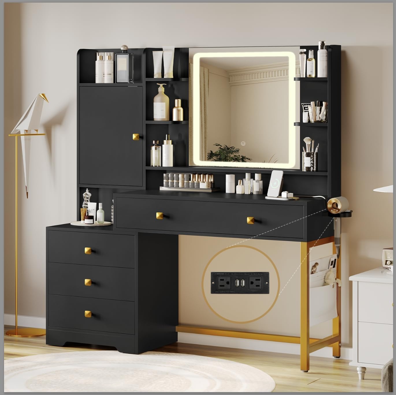 Hasuit Makeup Vanity Desk with Mirror and LED Lights Charging Station Jewelry Cabinet Black