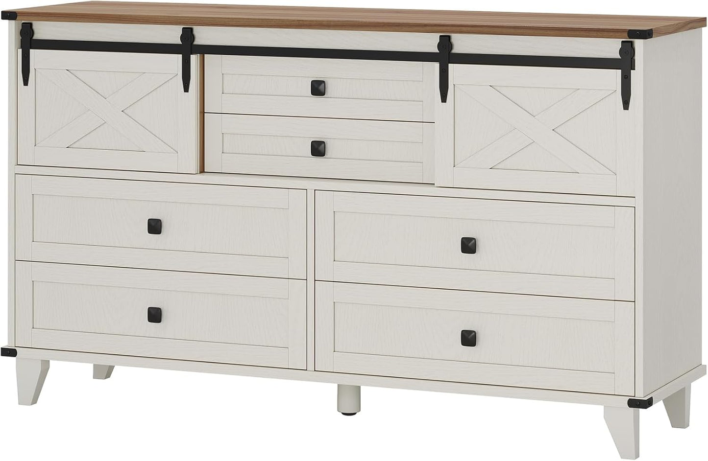 Hasuit Farmhouse 6 Drawer Dresser for Bedroom, Retro Chest of Drawers with Sliding Barn Door, Bedroom Long Storage Dressers Organizer, White
