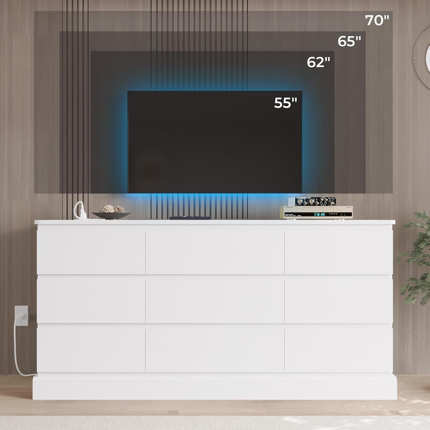 Hasuit Modern White Dresser for Bedroom with 9 Drawers, 61.4"Wide Dressers Chest of Drawer with Large Capacity Storage, Long Dresser TV Stand with Power Outlets, Sturdy Storage Cabinet for Living Room
