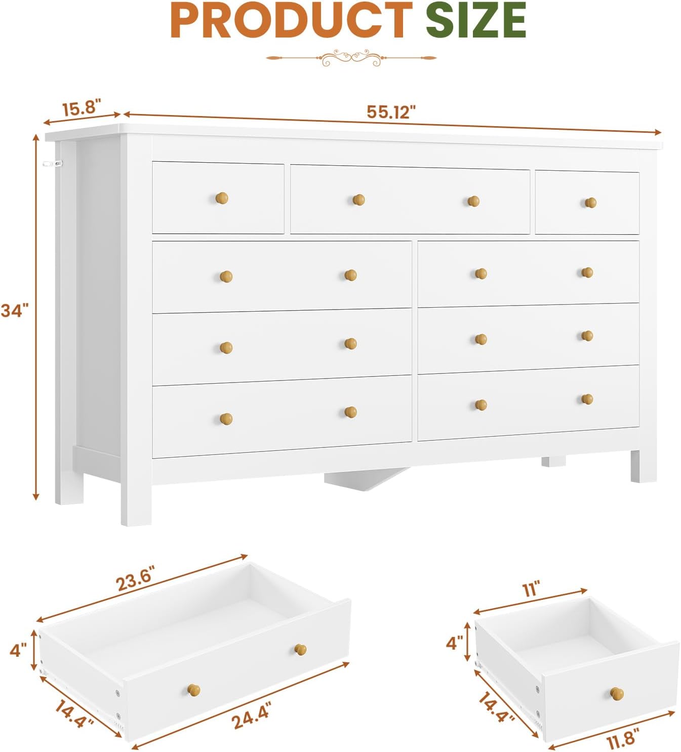 Hasuit White Dresser for Bedroom with 9 Drawers, Modern 55.1" Long Dressers Chest of Drawer with Large Drawers, Large Capacity Storage Organizer Cabinet, Wide Dresser for Bedroom, Living Room, Hallway
