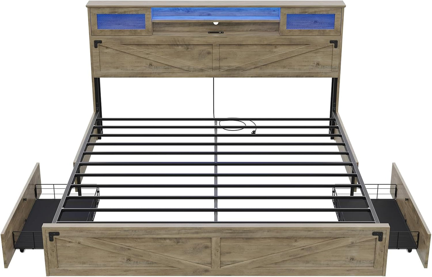 Hasuit Farmhouse Bed Frame King Size with Bookcase Headboard and 2 Drawers, Wooden Platform King Bed with LED Lights and Charging Station, Rustic Accent Headboard with Sliding Door, Rustic Brown