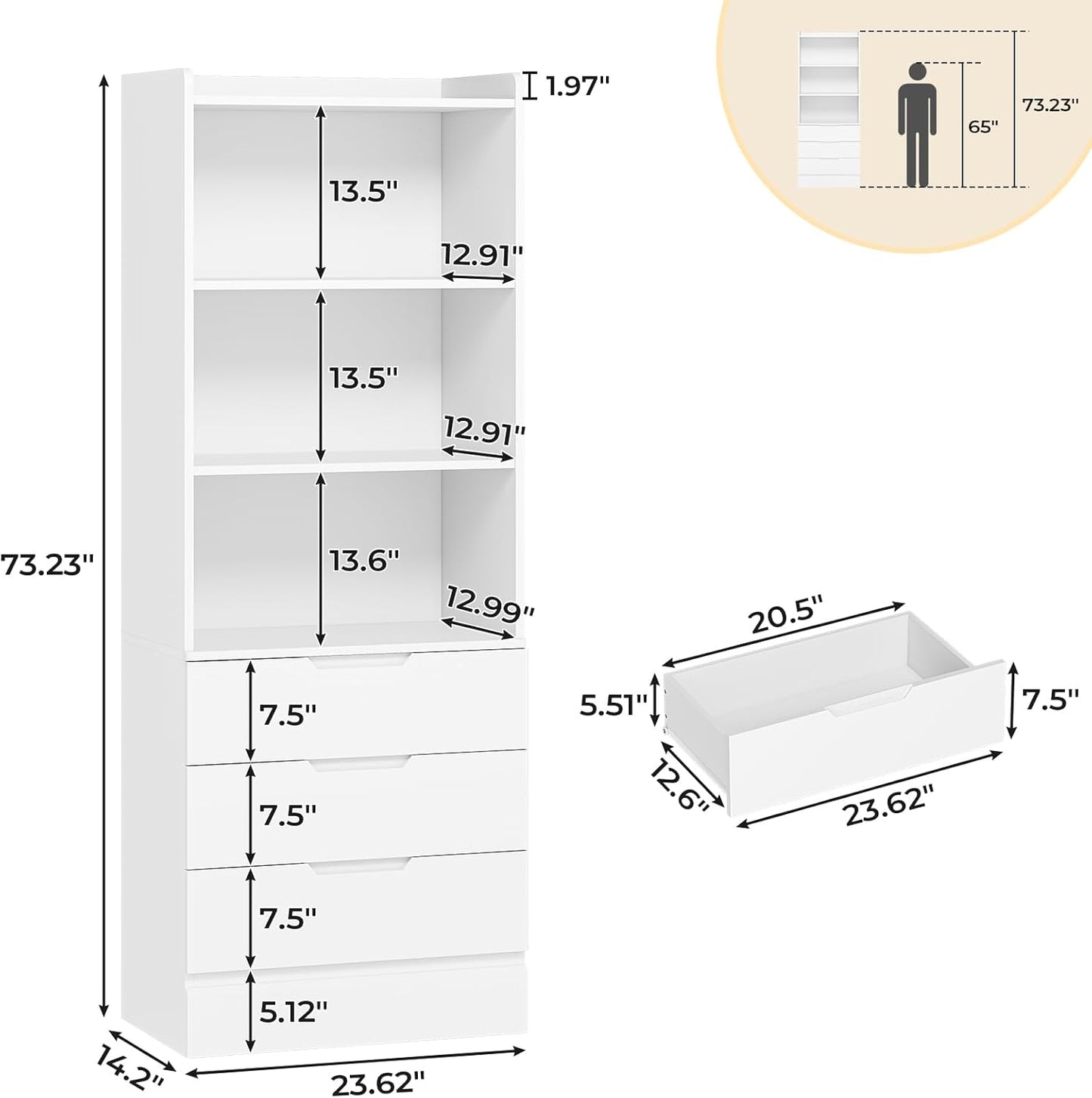 DICTAC Bookcase Set of 2 with 3 Drawers 73.23'' White Bookshelf Storage Cabinets with Shelves and Drawers Kitchen Pantry with Microwave Stand,Storage Organizer for Living Room,Office,Study, Bathroom