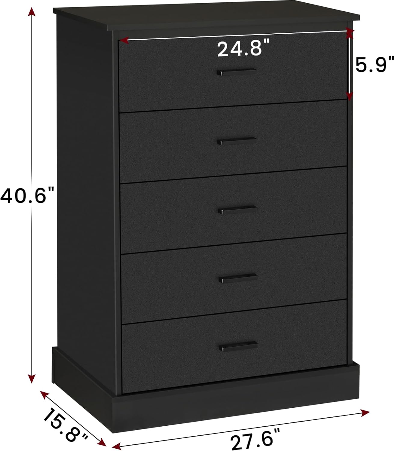 Hasuit Black Dresser for Bedroom, 5 Drawer Dresser with Sturdy Base, Wooden Large Capacity Storage Cabinet, Tall Chest of 5 Drawers for Closet, Living Room, Hallway