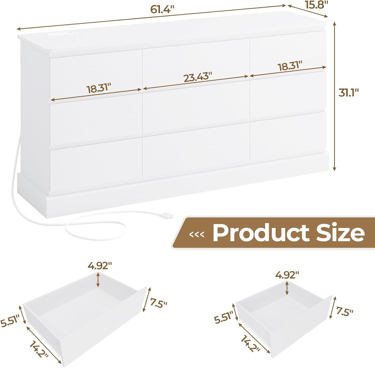 Hasuit Modern White Dresser for Bedroom with 9 Drawers, 61.4"Wide Dressers Chest of Drawer with Large Capacity Storage, Long Dresser TV Stand with Power Outlets, Sturdy Storage Cabinet for Living Room
