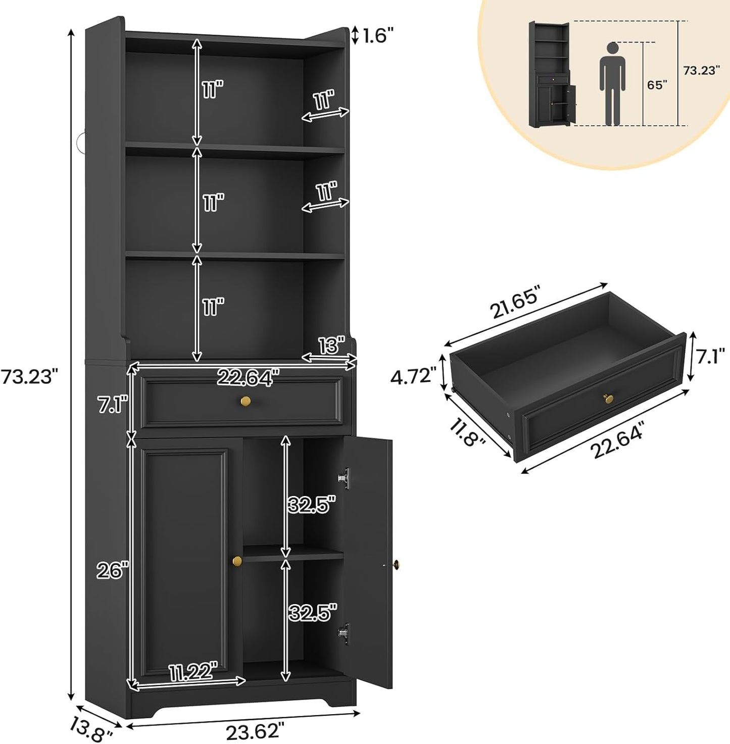 DICTAC Bookcase with Drawers and Doors 73.23'' Tall Bookshelf with Open Shelves Black Freestanding Kitchen Pantry with Microwave Stand Storage Cabinet Organizer for Living Room,Study,Bathroom,Office