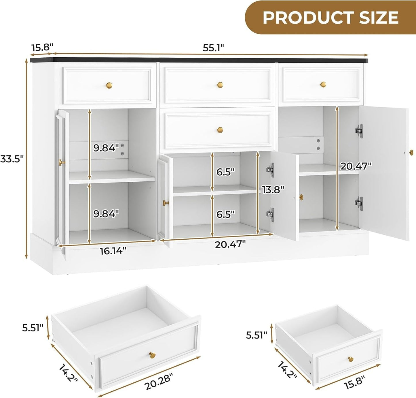 Hasuit 55.1"W White Kitchen Sideboard Buffet Cabinet with Power Outlets and Storage Drawers