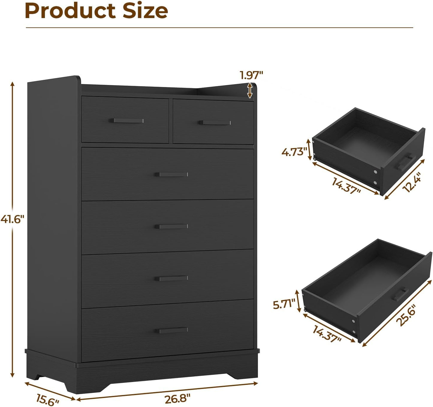 Hasuit Black 6 Drawer Dresser, Wooden Storage Chest of 6 Drawers, Vertical Large Capacity Clothing Storage Organizer, Tall Dressers for Bedroom, Hallway, Entryway
