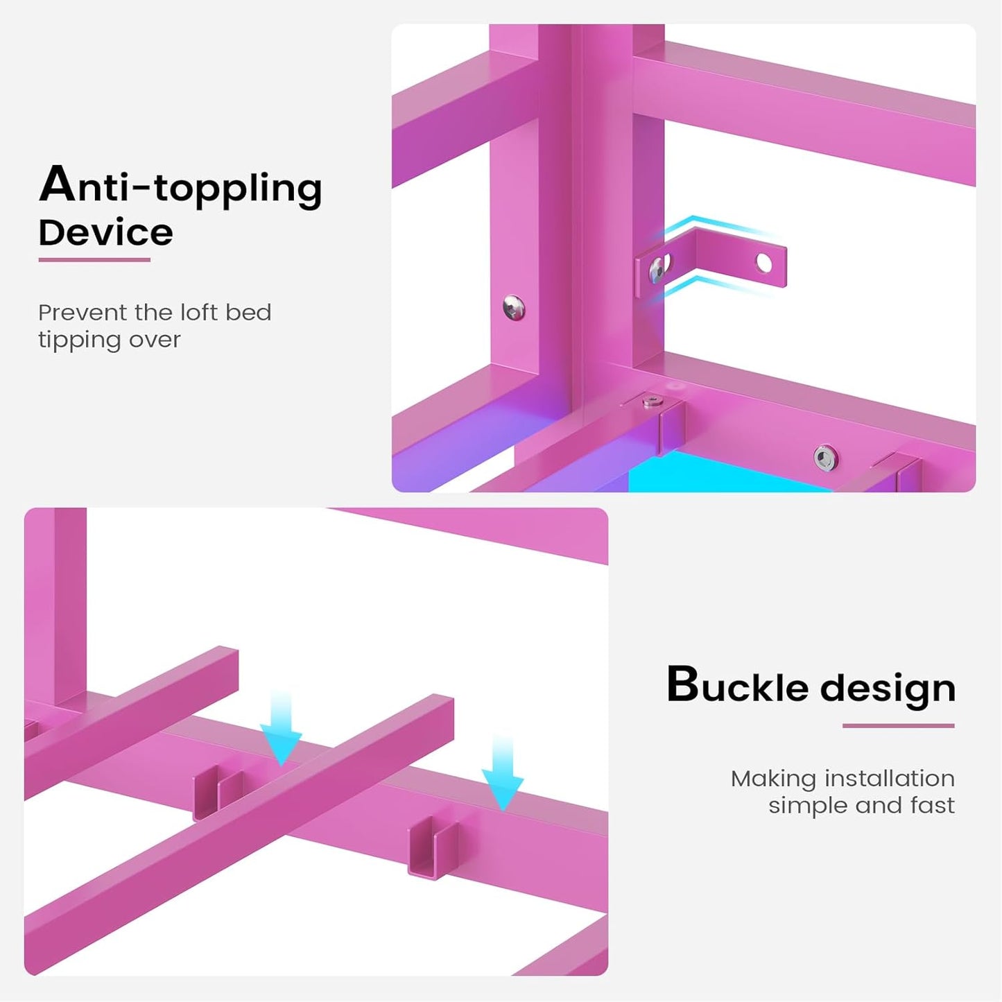 Hasuit Twin Pink Loft Bed with LED Lights, Loft Bed Twin Size with Full-Length Guardrail &Clothes Rack, Heavy Duty Loft Beds Frame, Space-Saving, Noise Free, No Box Spring Needed, Pink