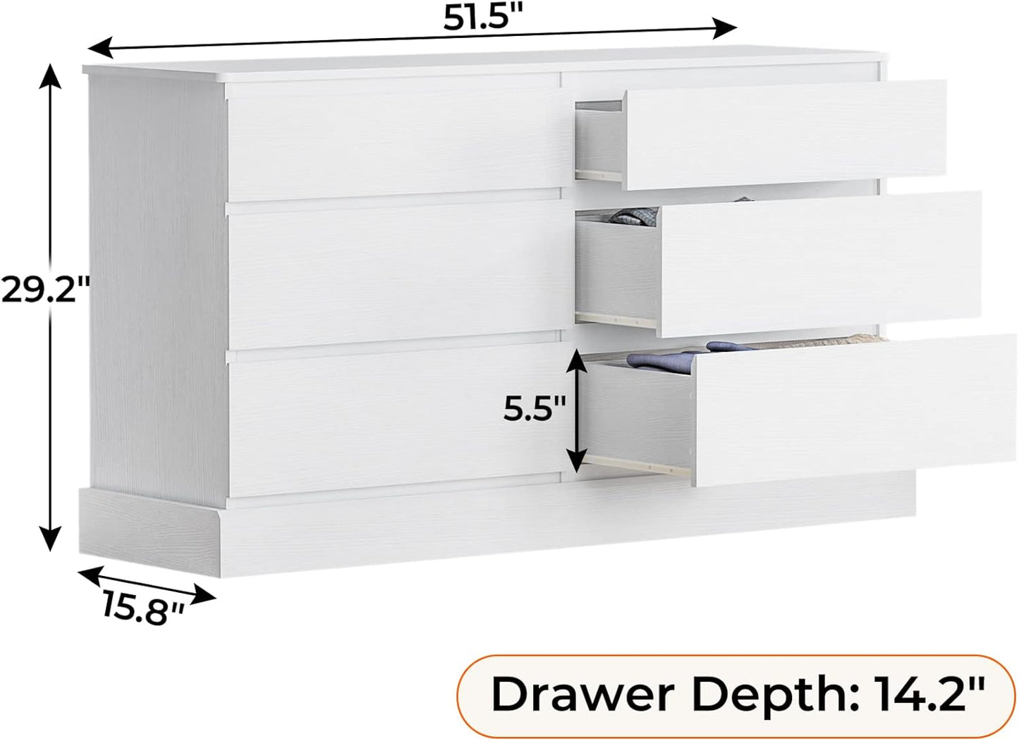 Hasuit 6 Drawer Double Dresser, 51.5''W Wooden Storage Chest of 6 Drawers, Large Capacity Clothing Storage Cabinet, Wide White Dresser for Bedroom