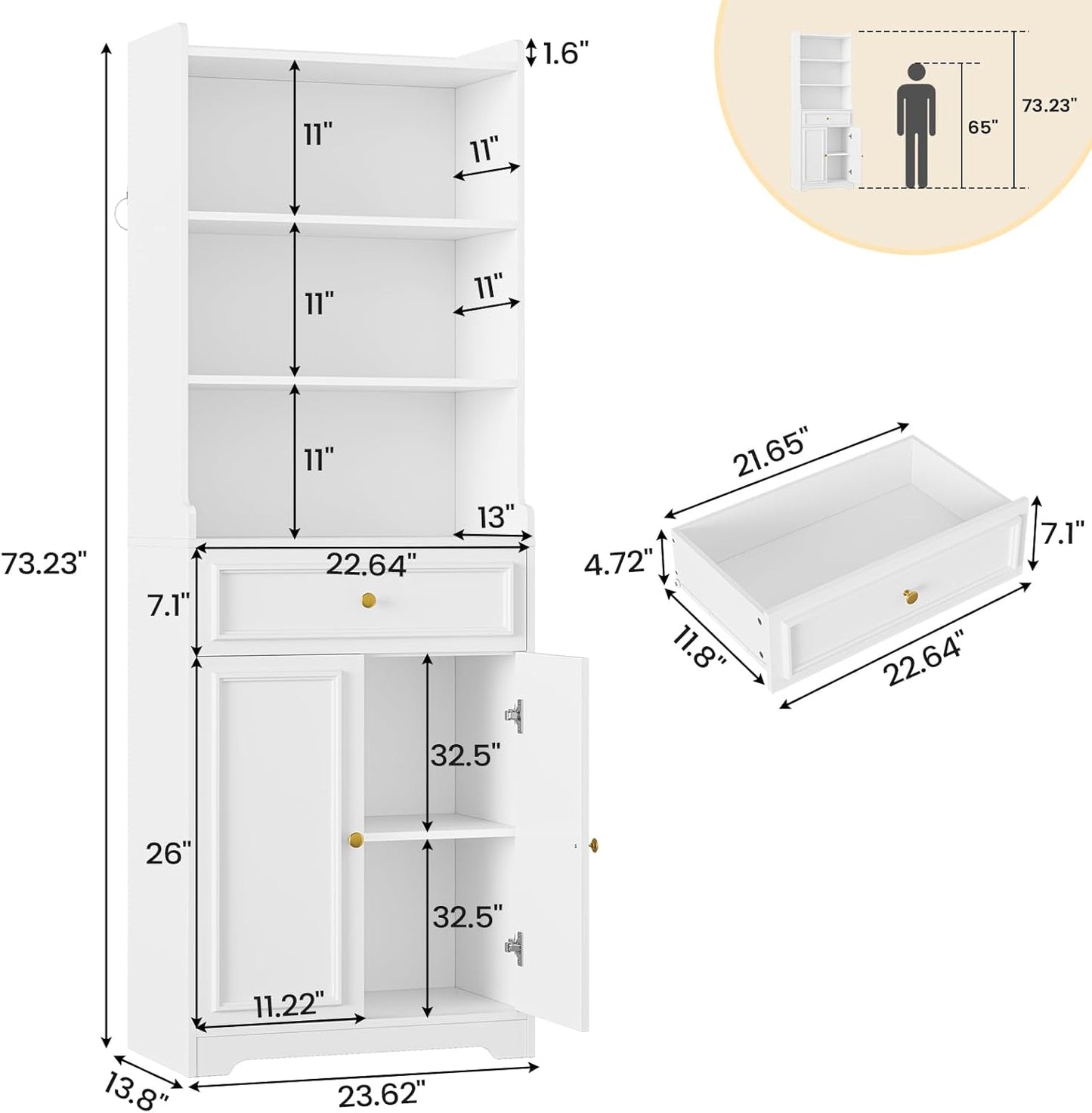 DICTAC Bookcase Set of 2 with Drawer and Doors 73.23''Tall Bookshelf with Open Shelves Freestanding Storage Cabinet with Microwave Space Storage Organizer for Home Office,Living Room,Bathroom,White