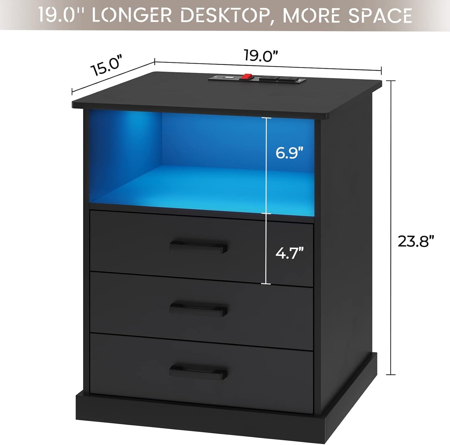 Hasuit Nightstand with Charging Station and LED Lights, Large Bedside Table with 3 Storage Drawer, Black Night Stand for Bedroom, Wider Tabletop 19.0''(L) x 15.0''(W)