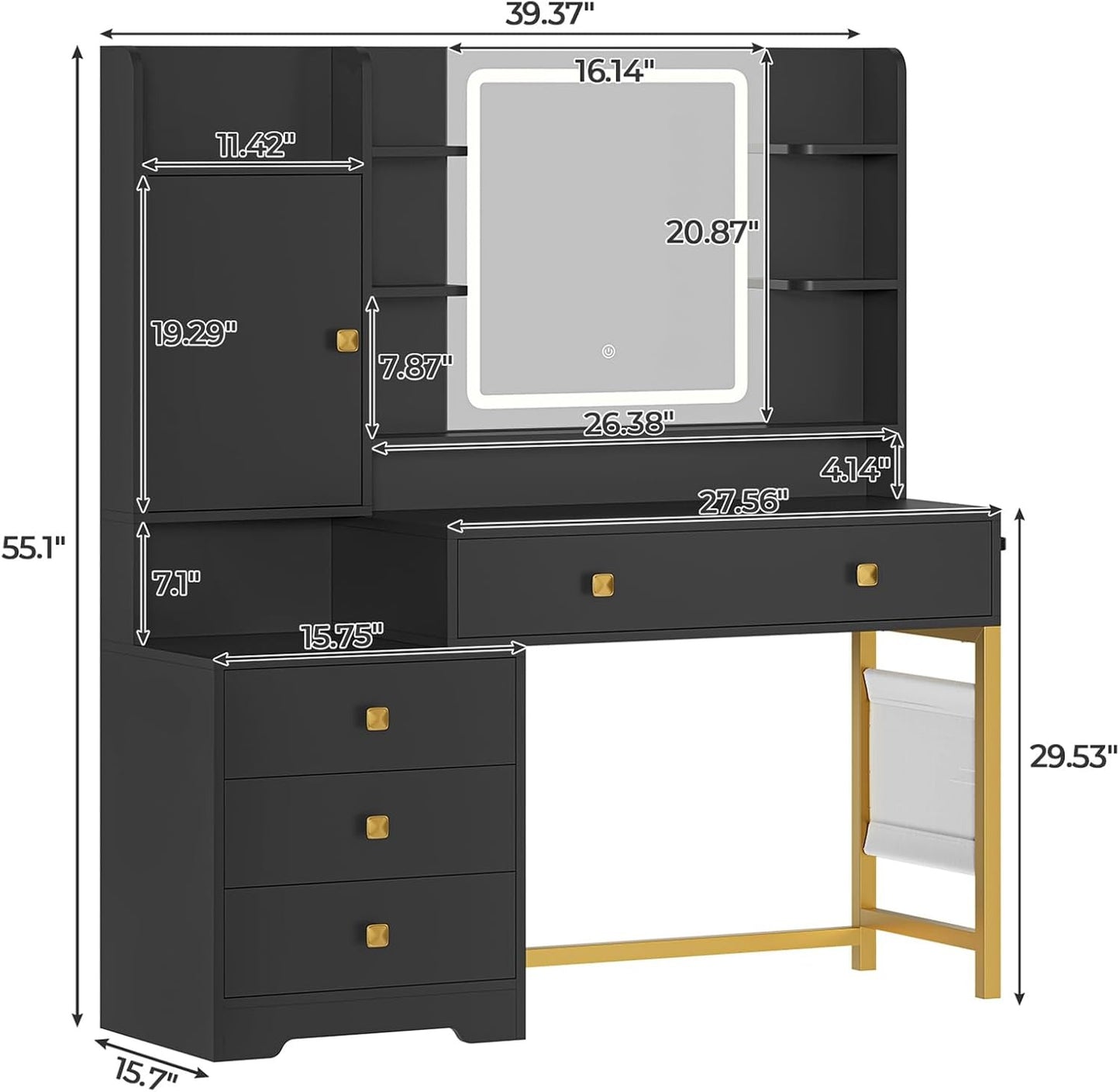 Hasuit Makeup Vanity Desk with Mirror and LED Lights Charging Station Jewelry Cabinet Black