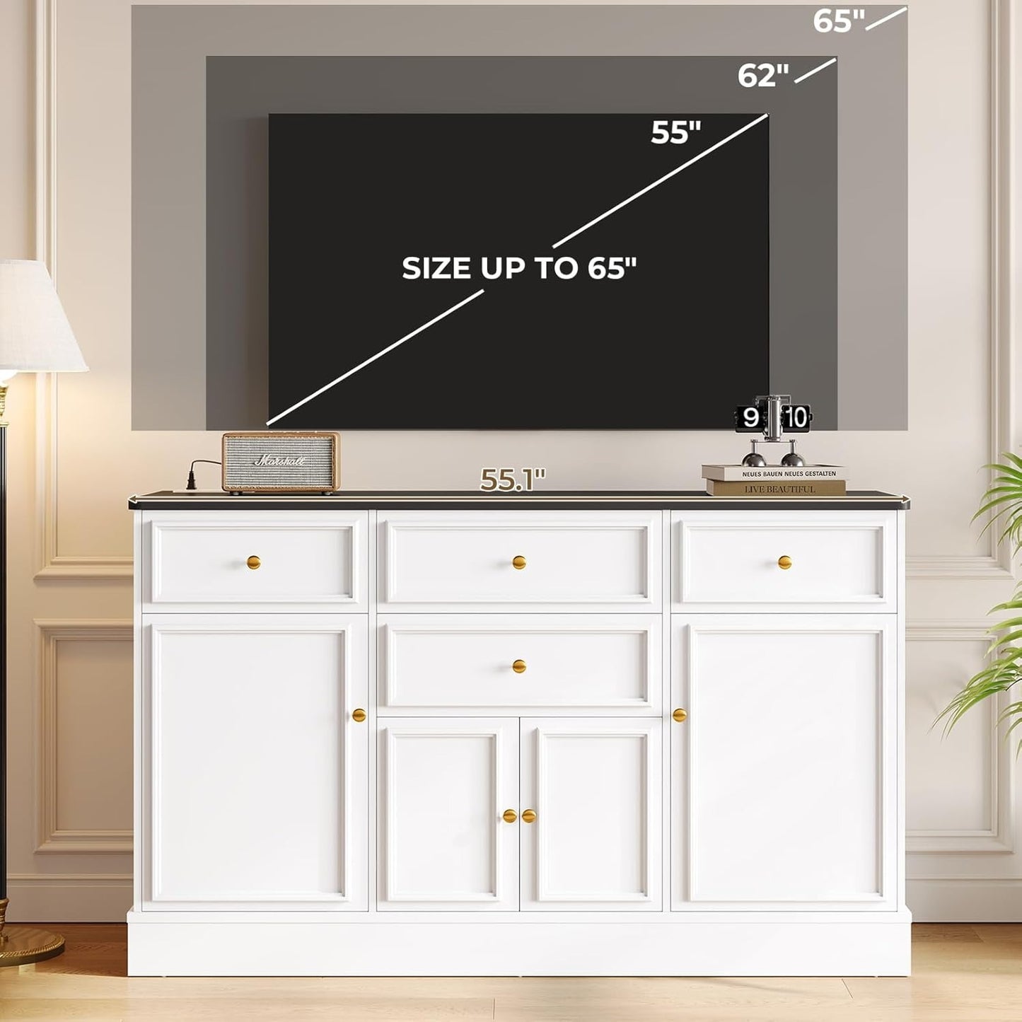 Hasuit 55.1"W White Kitchen Sideboard Buffet Cabinet with Power Outlets and Storage Drawers