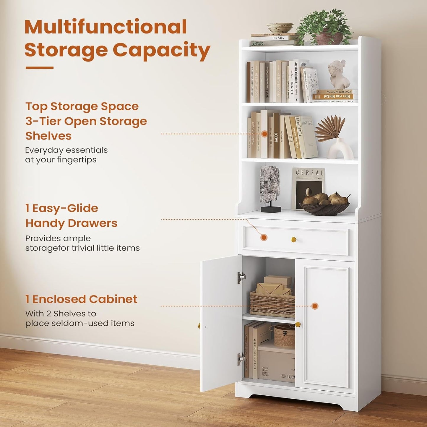 DICTAC Bookcase Set of 2 with Drawer and Doors 73.23''Tall Bookshelf with Open Shelves Freestanding Storage Cabinet with Microwave Space Storage Organizer for Home Office,Living Room,Bathroom,White