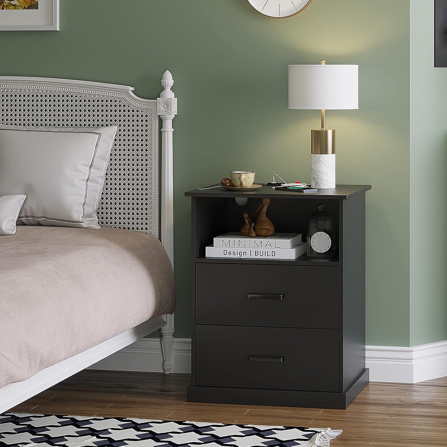 Hasuit Night Stand Set of 2 with Charging Station, Large Nightstands with Storage Drawers and Open Cubby, Black Bedside Side End Table for Home Office, Wider Tabletop 19.0'' x 15.0''