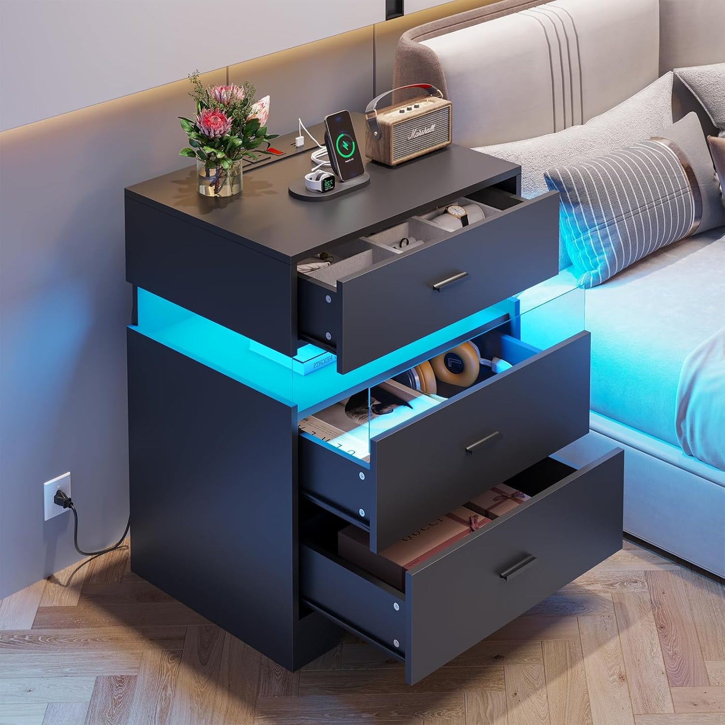 Hasuit Black Night Stand with 3 Drawers, Modern Nightstand with LED Lights and Charging Station, Bedside Tables/End Table for Bedroom