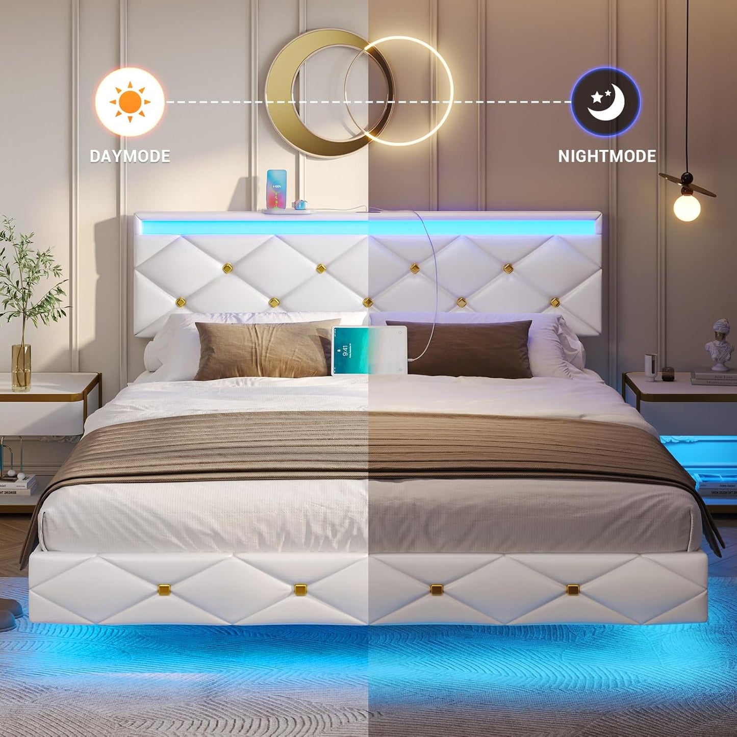 Hasuit Floating Bed Frame Queen Size with LED Lights and Charging Station, Modern Queen Platform Bed with Vegan Leather Upholstered Headboard, No Box Spring Needed, Noise Free, Easy to Assemble