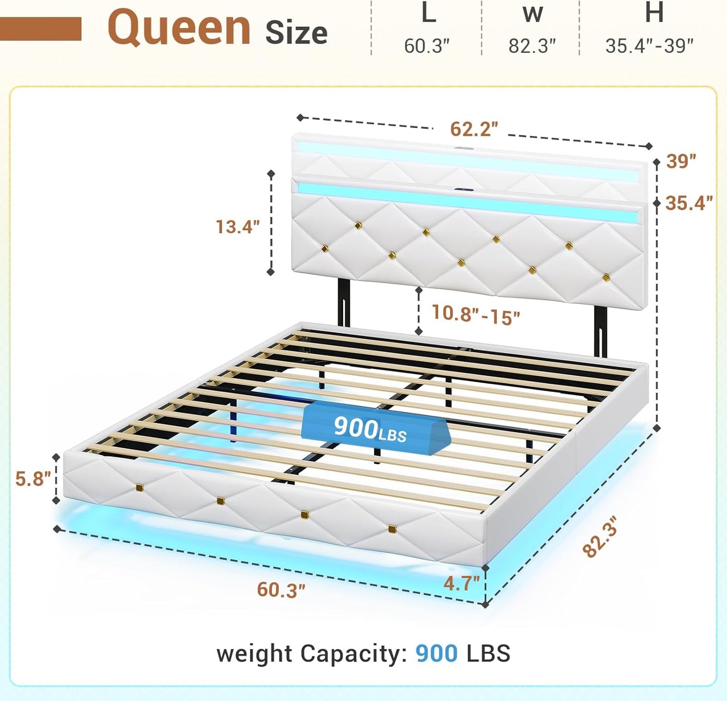 Hasuit Floating Bed Frame Queen Size with LED Lights and Charging Station, Modern Queen Platform Bed with Vegan Leather Upholstered Headboard, No Box Spring Needed, Noise Free, Easy to Assemble