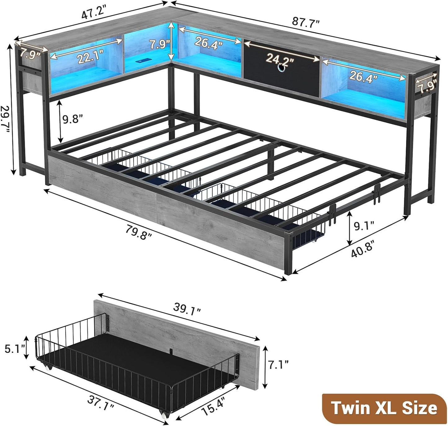 Hasuit Kids Corner Twin Bed with Storage, Charging & LED Light
