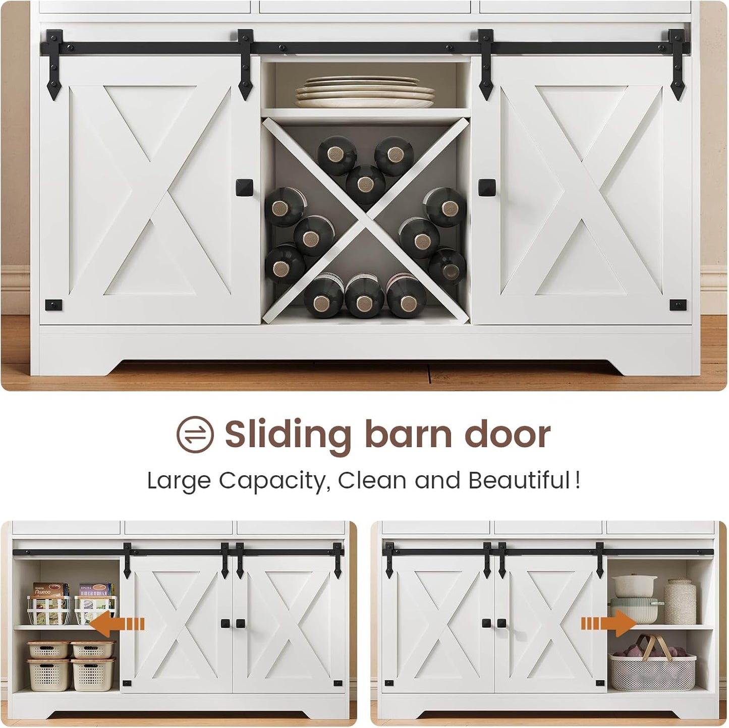 DICTAC Buffet Cabinet with Storage and Charging Station Coffee Bar Station with LED Light Farmhouse Kitchen Sideboard Cabinets with Hutch,Wine Cabinet with Sliding Barn Door and Wine Glass Rack,White