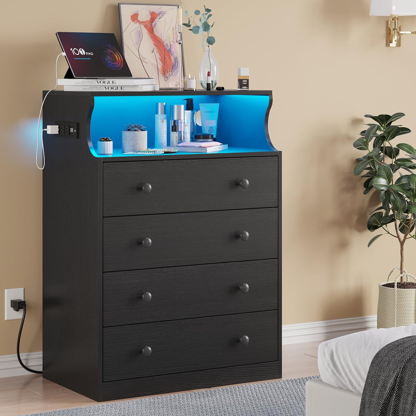 Hasuit White Dresser with Charging Station, LED Dresser with 4 Large Drawers, Chest of Drawers with Open Space, Large Capacity Tall Storage Cabinet, White Dressers for Bedroom