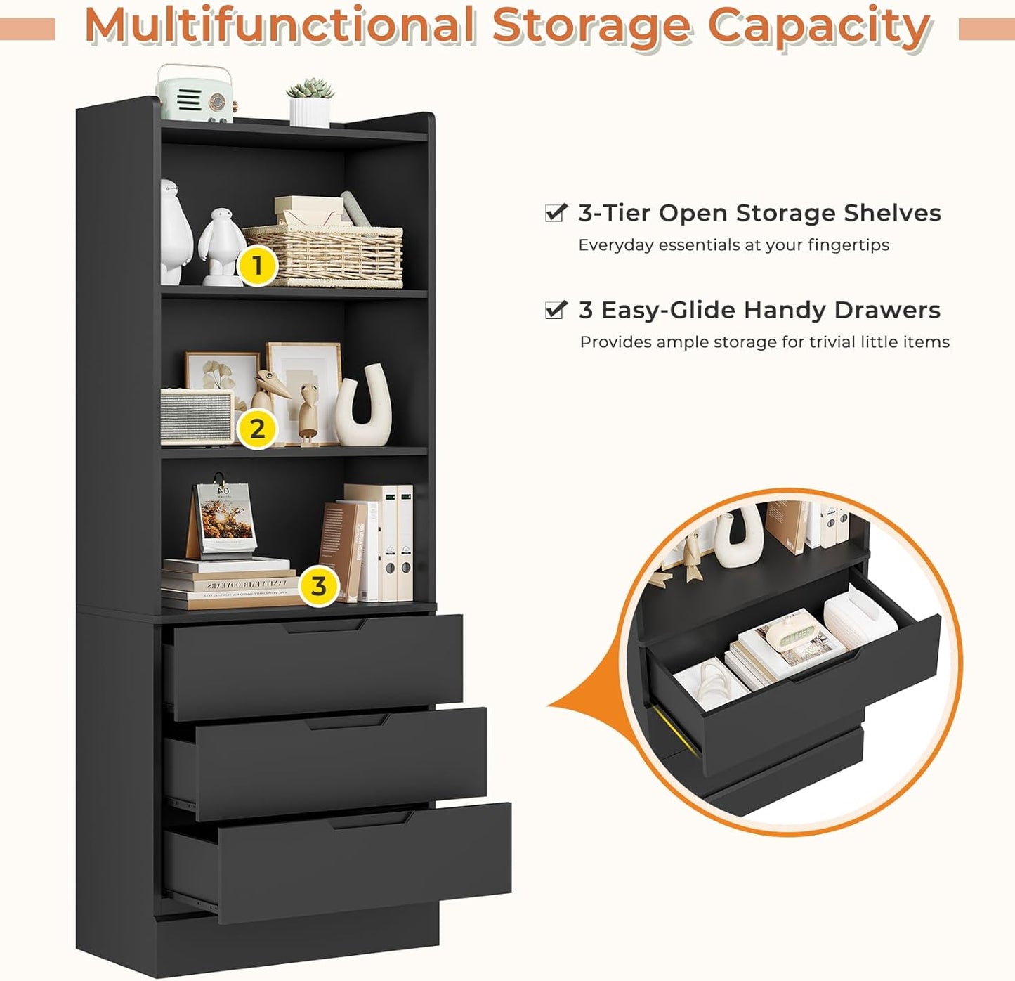 DICTAC Bookcase Set of 2 with 3 Drawers 73.23'' Bookshelf Storage Cabinets with Shelves and Drawers Kitchen Pantry with Microwave Stand,Storage Organizer for Living Room,Office,Study,Bathroom