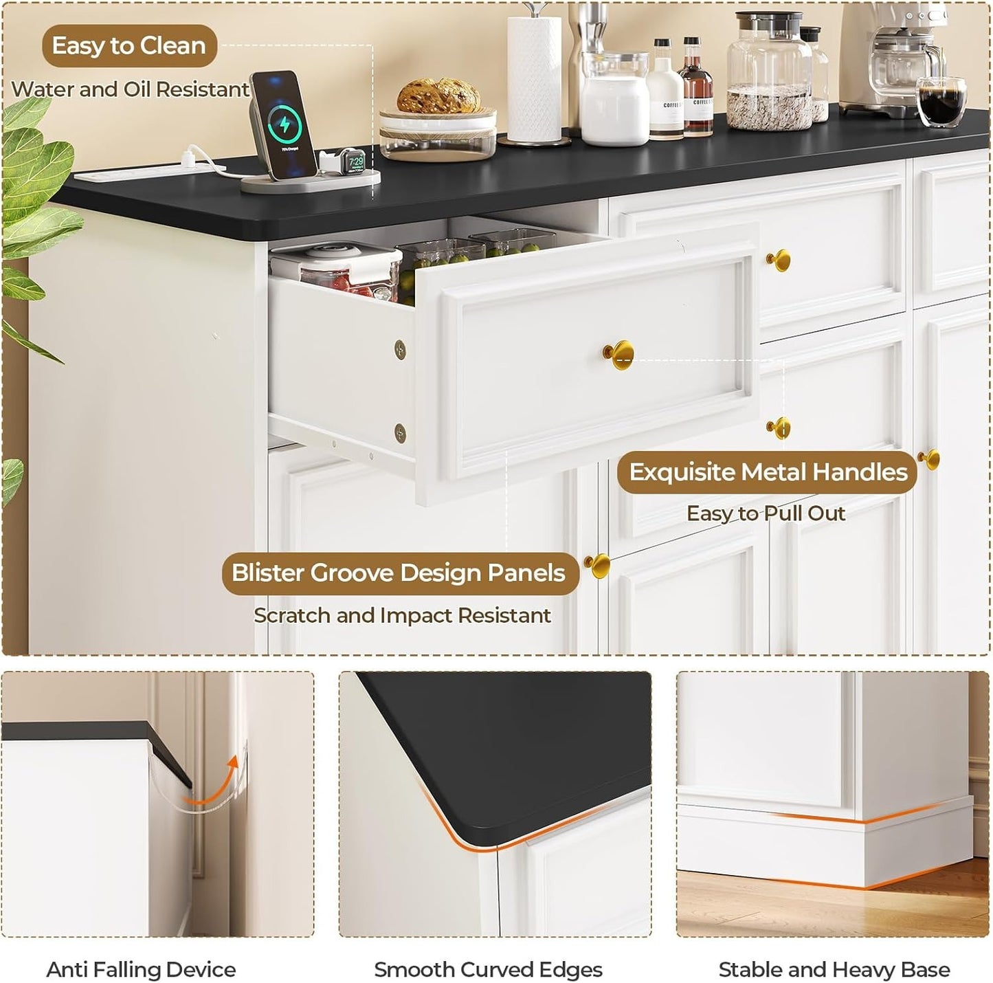 Hasuit 55.1"W White Kitchen Sideboard Buffet Cabinet with Power Outlets and Storage Drawers