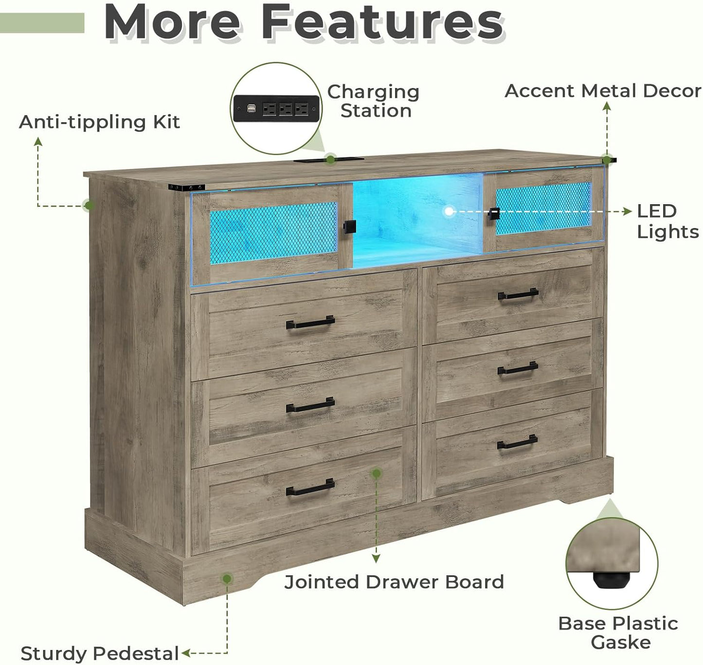 Hasuit 6 Drawer Dresser with LED Lights and Charging Station, Farmhouse Chest of Drawers Closet Organizer, Clothes Storage Cabinet Double Dressers for Bedroom, Living Room, Hallway, Rustic Oak