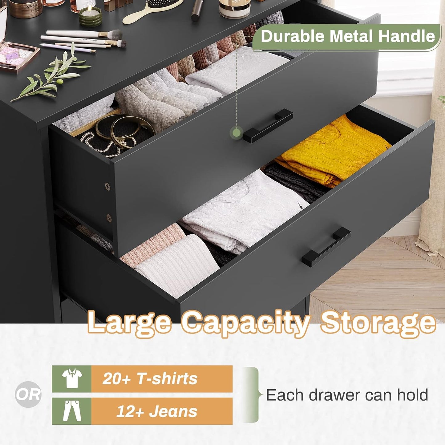 Hasuit Black Dresser for Bedroom, 5 Drawer Dresser with Sturdy Base, Wooden Large Capacity Storage Cabinet, Tall Chest of 5 Drawers for Closet, Living Room, Hallway