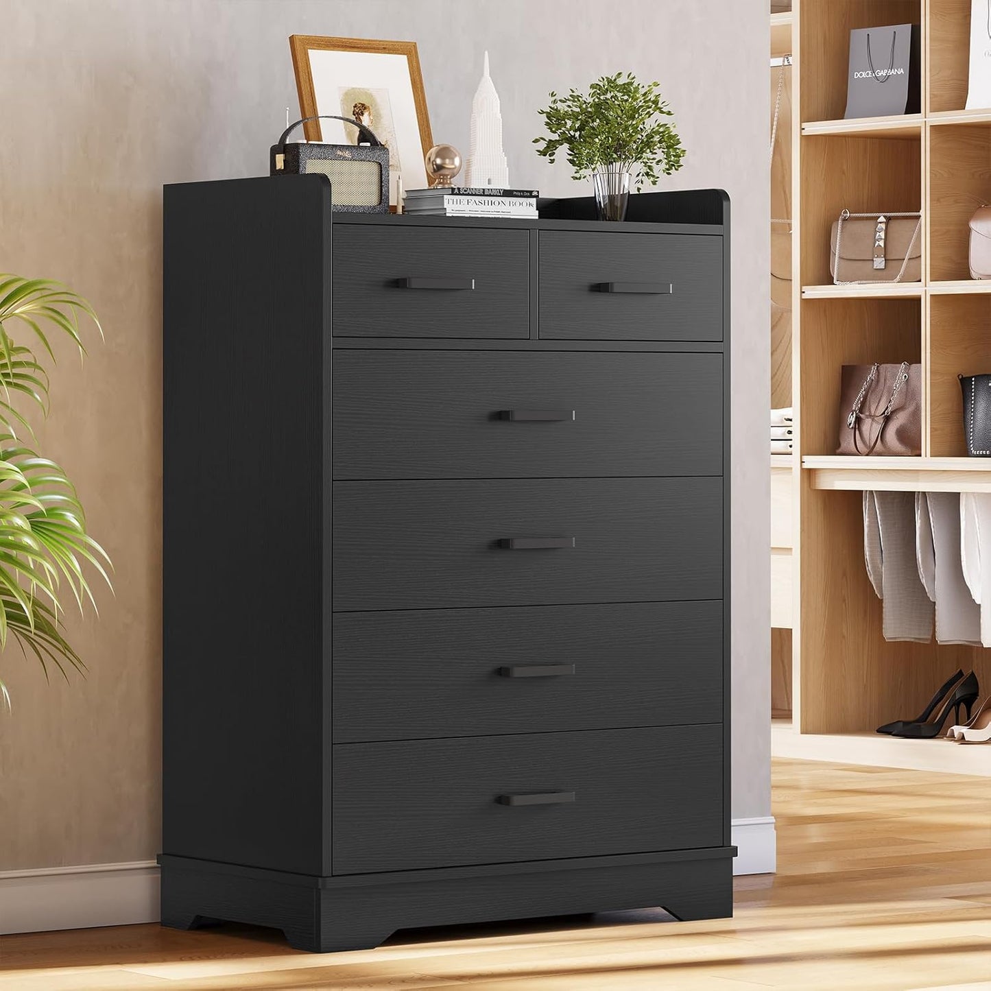 Hasuit Black 6 Drawer Dresser, Wooden Storage Chest of 6 Drawers, Vertical Large Capacity Clothing Storage Organizer, Tall Dressers for Bedroom, Hallway, Entryway