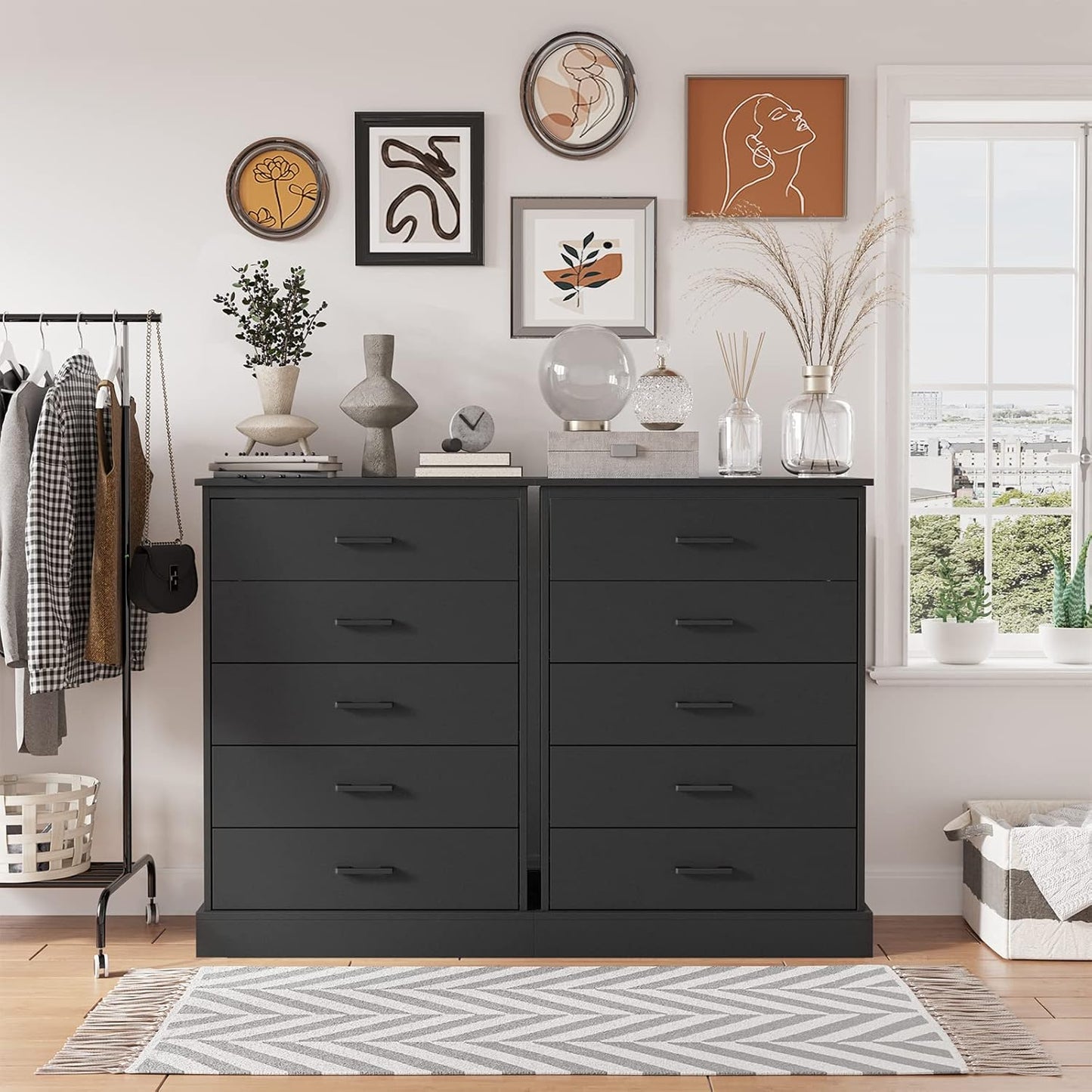 Hasuit Black Dresser for Bedroom, 5 Drawer Dresser with Sturdy Base, Wooden Large Capacity Storage Cabinet, Tall Chest of 5 Drawers for Closet, Living Room, Hallway