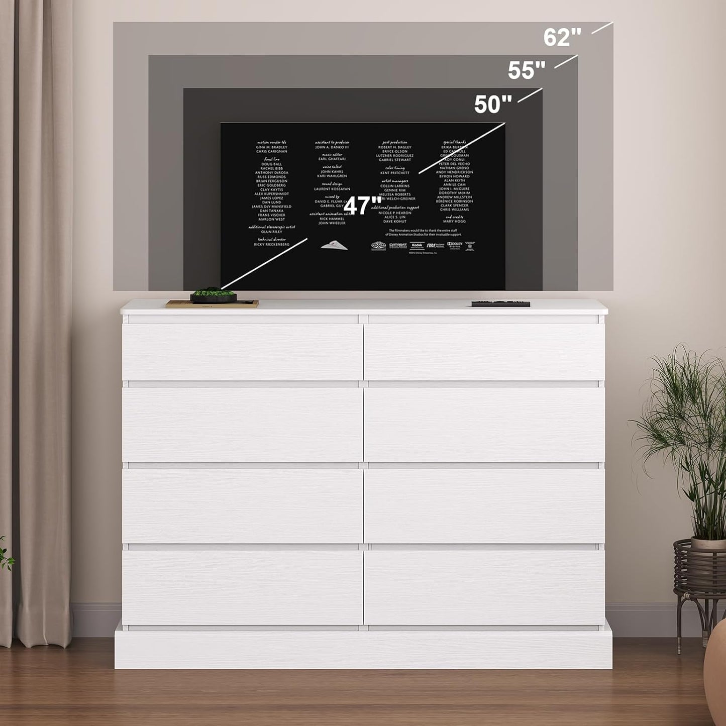 Hasuit White Dresser for Bedroom, Long Dresser with 8 Drawers, 51.5''W Wooden Dresser Chest of 8 Drawers, Large Capacity Clothing Storage Cabinet, Wide Dresser for Bedroom Living Room Entryway