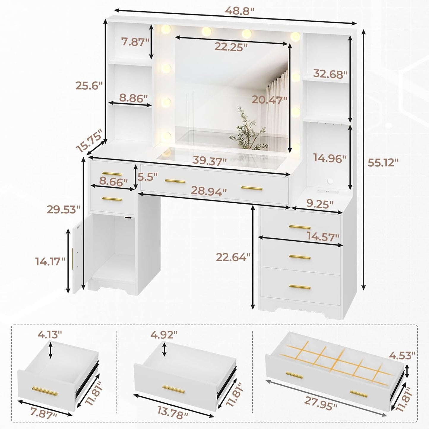 Hasuit 48.8'' Large Vanity Desk with Lighted Mirror & Power Outlet, White Makeup Vanity Table with 6 Drawers, 4 Shelves and 1 Storage Cabinet, Glass Tabletop Bedroom Dressing Table, 3 Lighting Modes