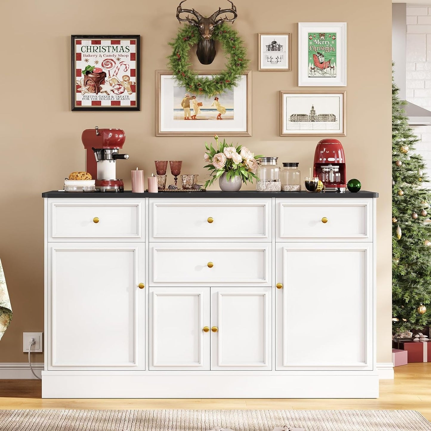 Hasuit 55.1"W White Kitchen Sideboard Buffet Cabinet with Power Outlets and Storage Drawers