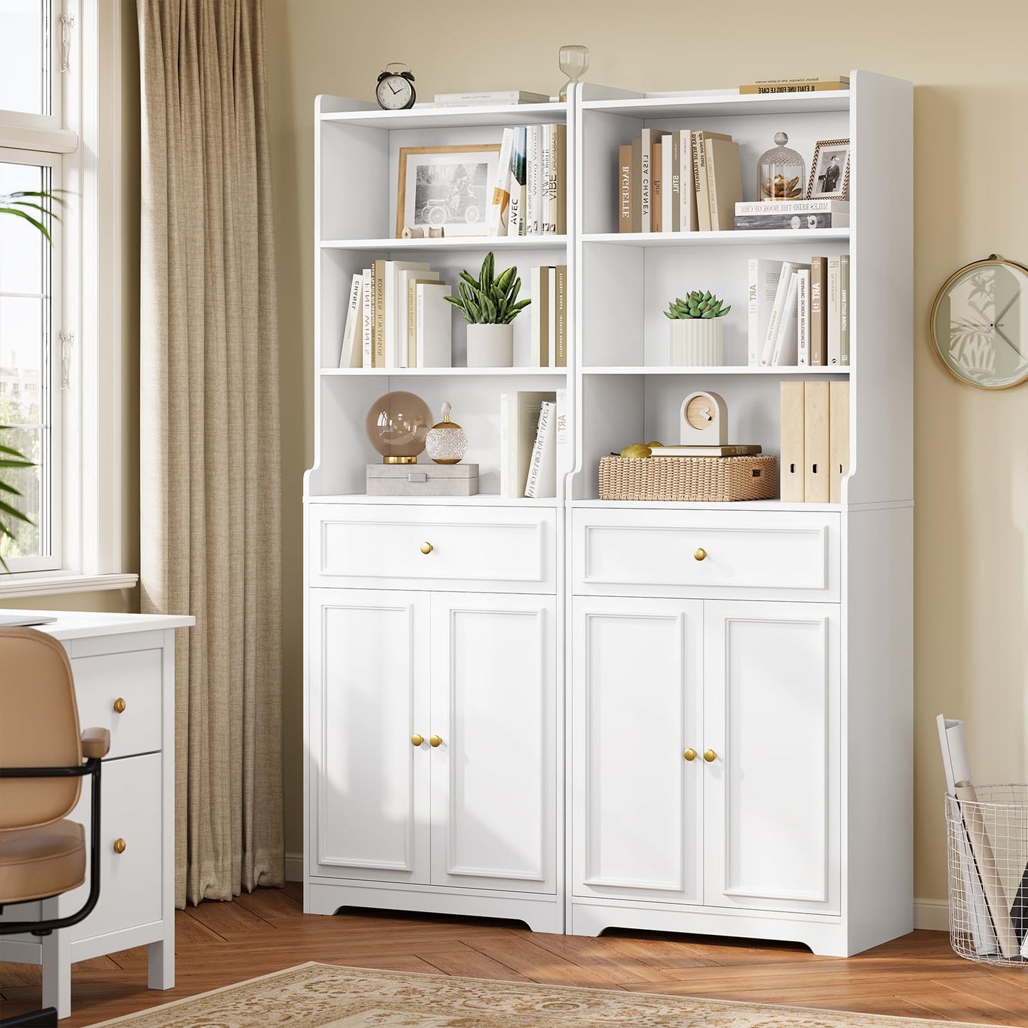 DICTAC Bookcase with Drawer and Doors 73.23''Tall Bookshelf with storage Shelves Freestanding Storage Cabinet with Microwave Space Storage Organizer Cupboard for Home Office,Living Room,Bathroom,White