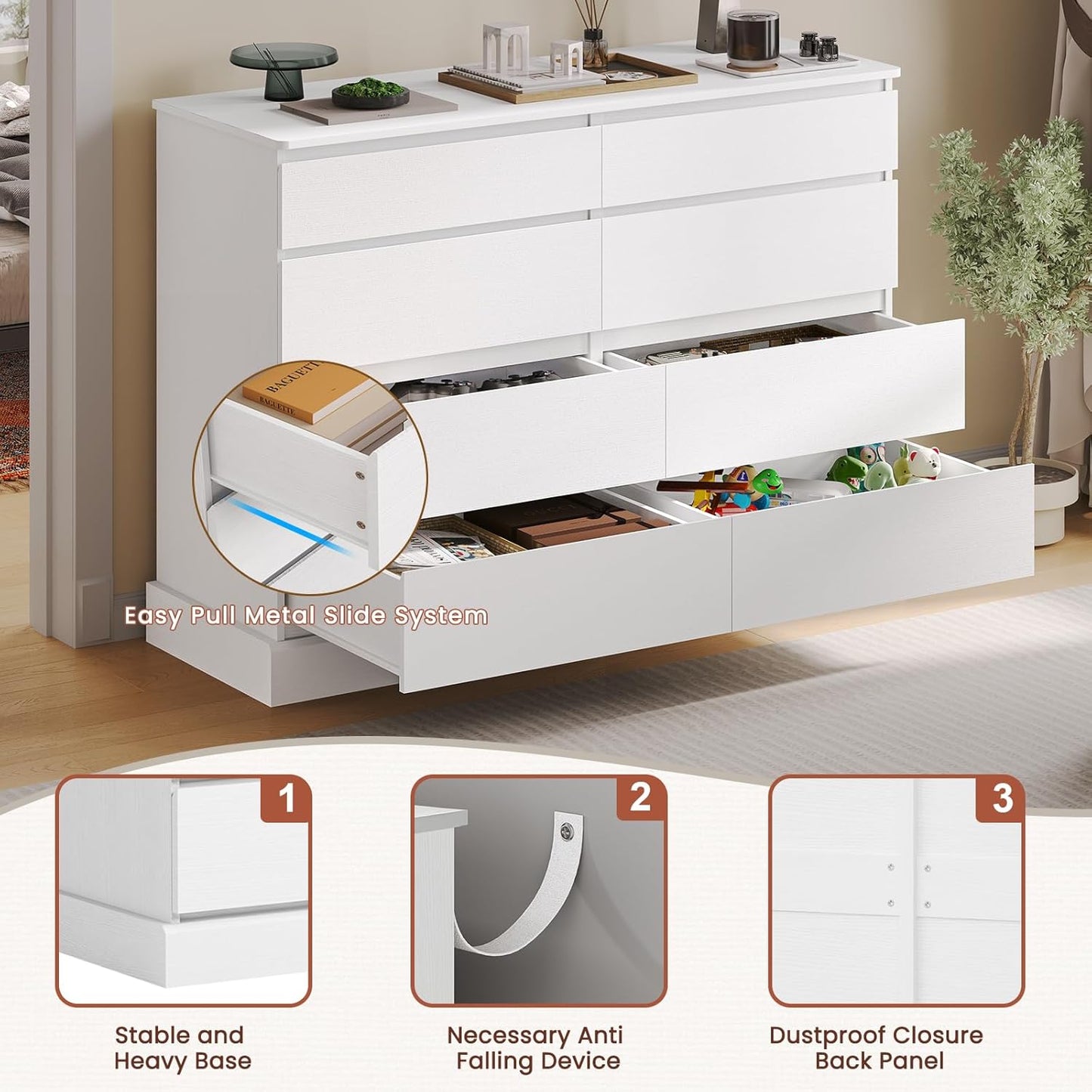 Hasuit White Dresser for Bedroom, Long Dresser with 8 Drawers, 51.5''W Wooden Dresser Chest of 8 Drawers, Large Capacity Clothing Storage Cabinet, Wide Dresser for Bedroom Living Room Entryway
