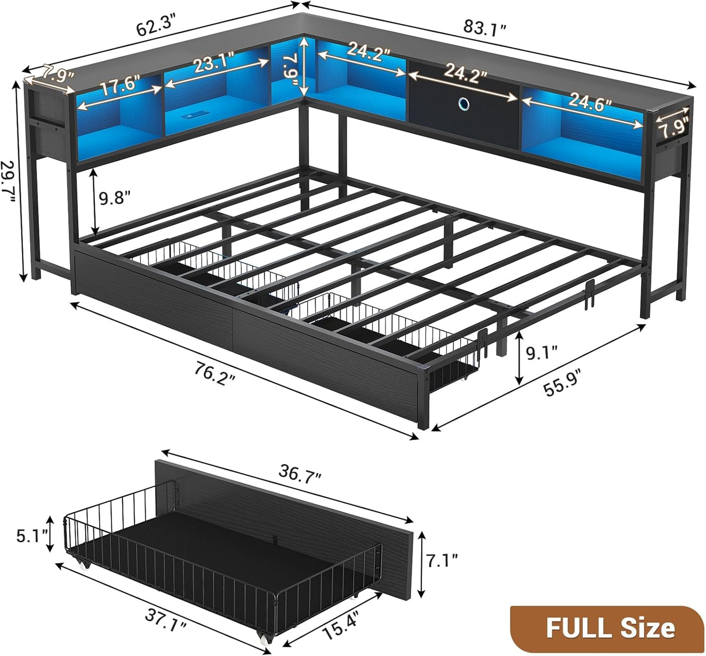 Hasuit Kids Corner Twin Bed with Storage, Charging & LED Light