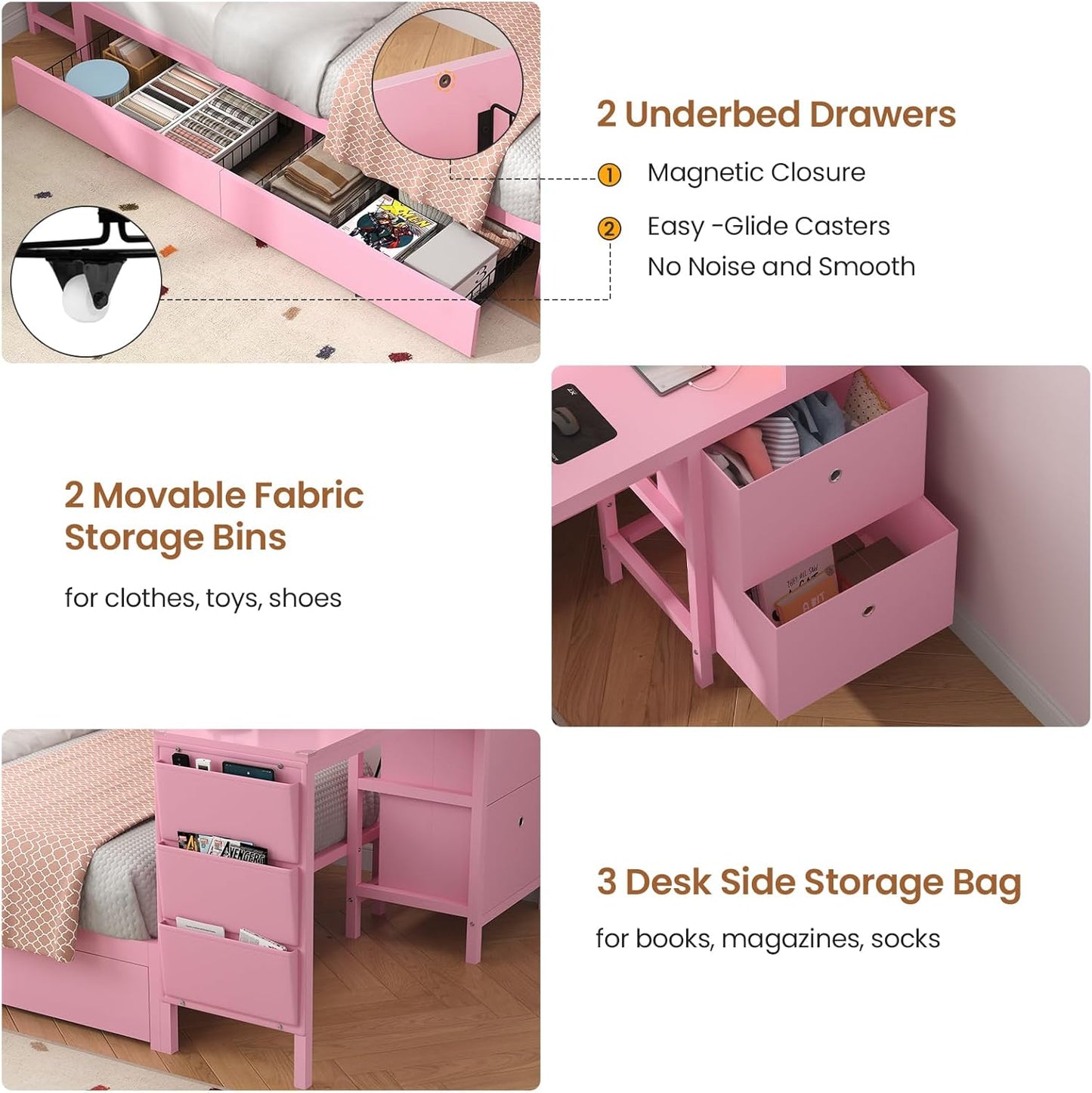 Hasuit Twin Corner Bed with Desk and Storage Bookcase, Daybed with 2 Drawers & 2 Storage Bins, Twin Size Platform Bed Frame with Charging Station and LED Light, Modern Teenagers Bedframe, Pink