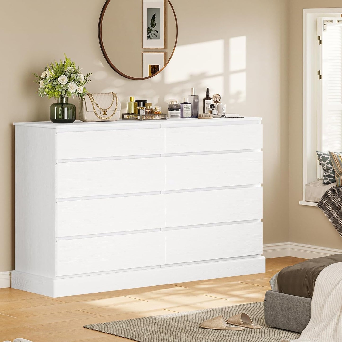 Hasuit White Dresser for Bedroom, Long Dresser with 8 Drawers, 51.5''W Wooden Dresser Chest of 8 Drawers, Large Capacity Clothing Storage Cabinet, Wide Dresser for Bedroom Living Room Entryway