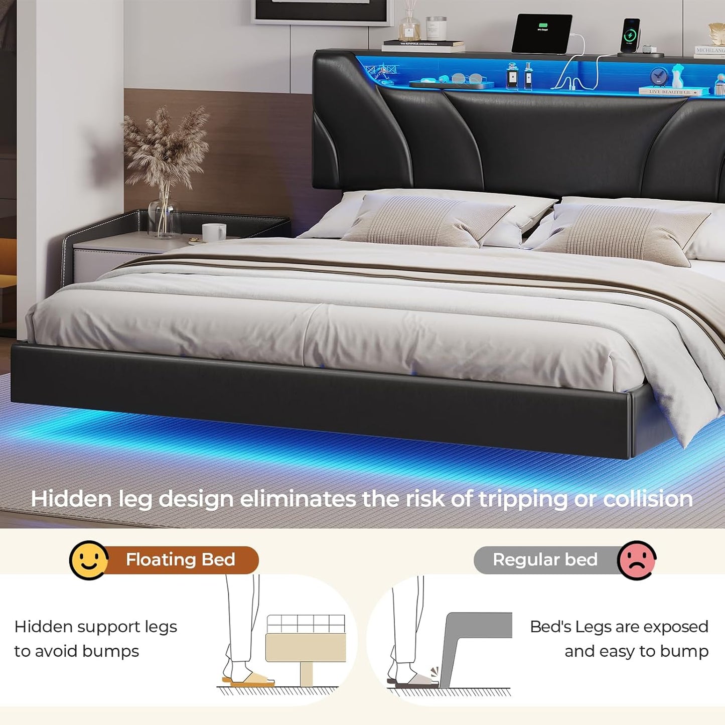 Hasuit California King Bed Frame with Hidden Storage Headboard and Charging Station Cal King Size Floating Bed Frame with Led Lights Upholstered Visual Floating Platform bed,No Box Spring Needed,Black