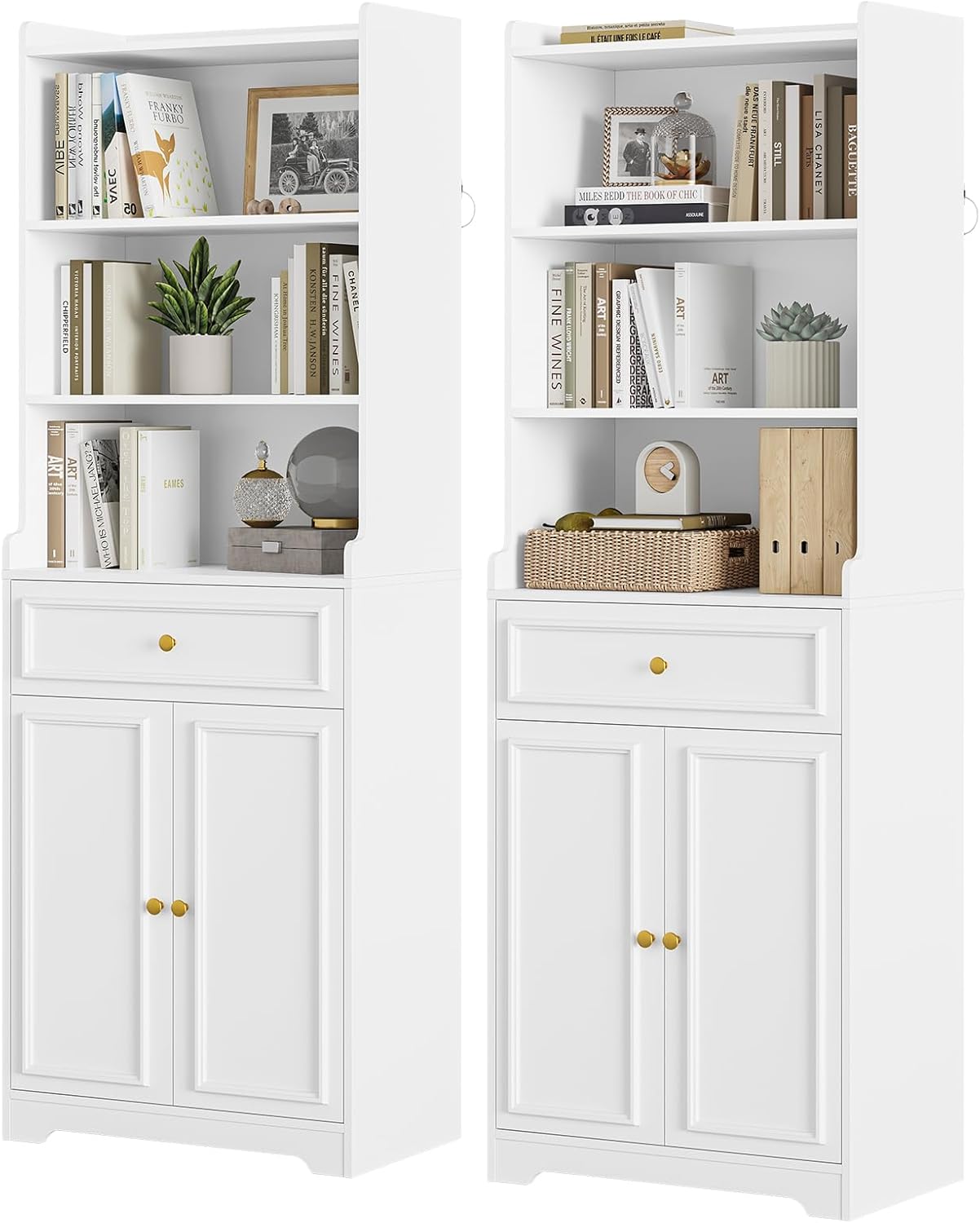 DICTAC Bookcase Set of 2 with Drawer and Doors 73.23''Tall Bookshelf with Open Shelves Freestanding Storage Cabinet with Microwave Space Storage Organizer for Home Office,Living Room,Bathroom,White